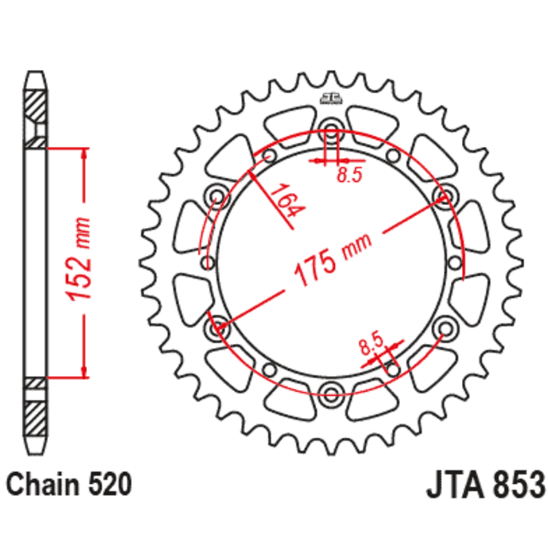 Couronne JT SPROCKETS aluminium ultra-light 853 - 43 dents pas de 520 Couronne JT SPROCKETS aluminium ultra-light 853 - 43 dents pas de 520