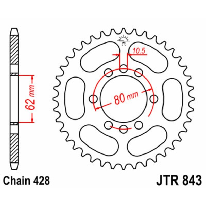Couronne JT SPROCKETS acier standard 843 - 53 dents pas de 428 Couronne JT SPROCKETS acier standard 843 - 53 dents pas de 428