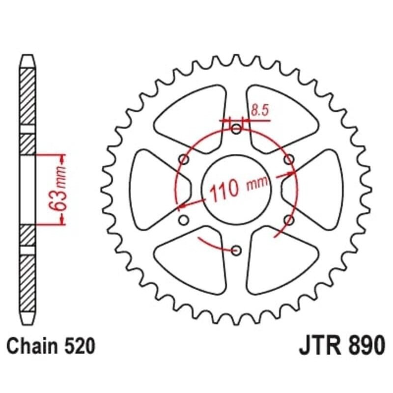 Couronne JT SPROCKETS acier standard 890 - 45 dents pas de 520 Couronne JT SPROCKETS acier standard 890 - 45 dents pas de 520