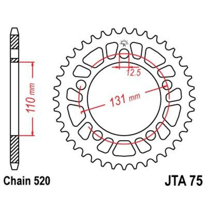 Couronne JT SPROCKETS aluminium Ultra-Light 75 - 44 dents pas de 520 Couronne JT SPROCKETS aluminium Ultra-Light 75 - 44 dents pas de 520